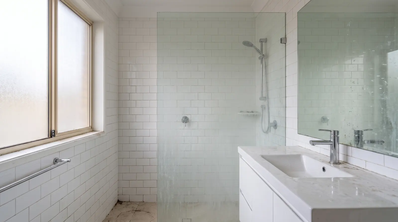 The same bathroom before cleaning — soap scum and grime