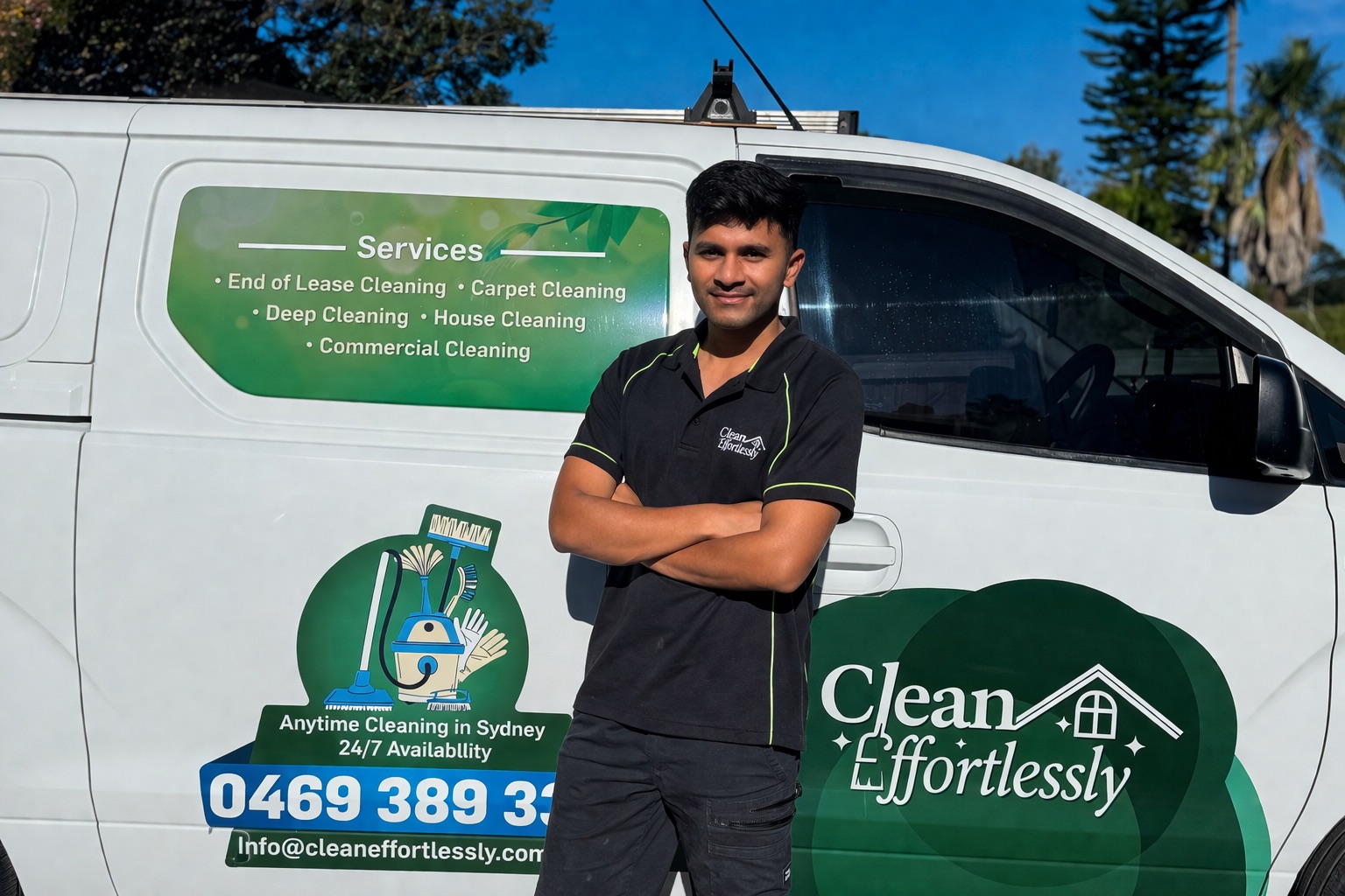 Clean Effortlessly team member beside a fully equipped branded van